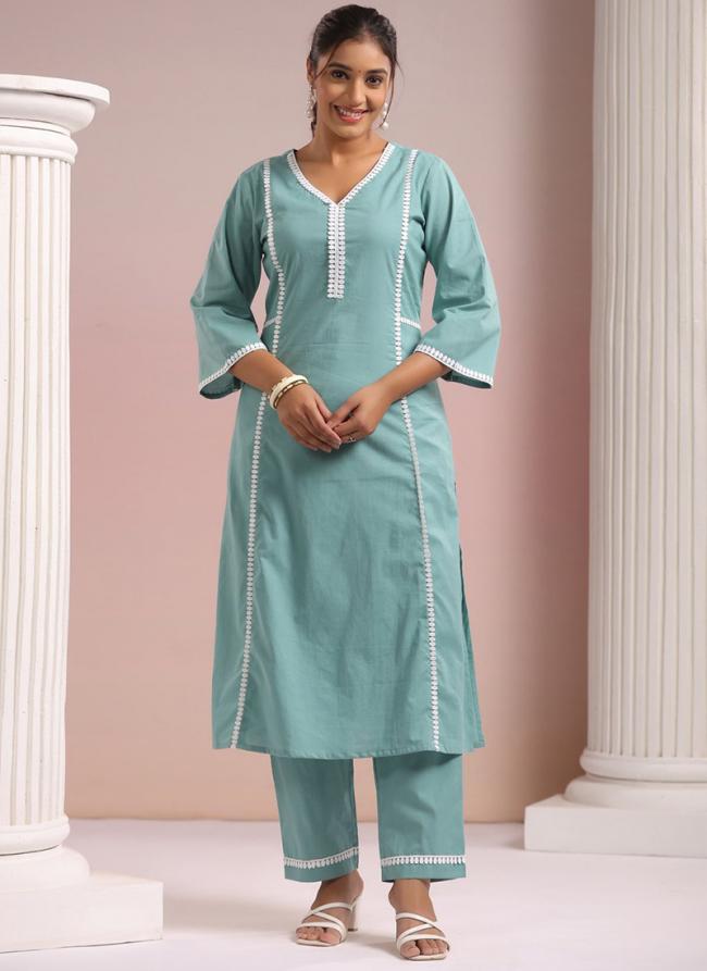 Rayon Cotton Sea Green Casual Wear Embroidery Work Readymade Cord Set